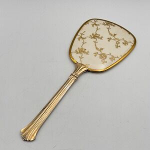 Vintage Gold Tone Hand Mirror Floral Embroidered Back Beveled Glass 13 Inch